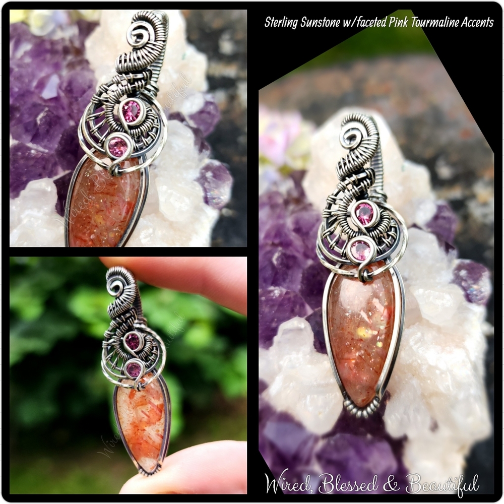 Handmade Sterling silver, sunstone and pink tourmaline pendant.